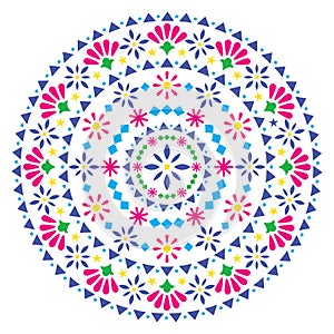 Mexican vector mandala design, folk art bohemian pattern with flowers and abstract shapes inspired by folk art from Mexico