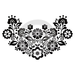 Mexican vibrant folk art style vector pattern with flowers, half wreath shaped floral design from Mexico in black and white