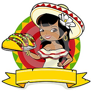 Mexican waitress serving tacos. Vector illustration photo