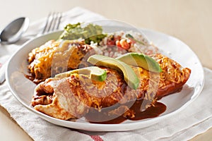Mexican wet burrito platter with red enchilada sauce, refried beans, rice and guacamole photo