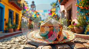 Mexican wicker hat with flowers on a bench, background festively decorated street, for cinco de mayo, poster