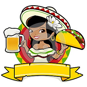 Mexican woman serving a cold beer and a taco. Vector illustration