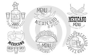 Mexicano Food Hand Drawn Retro Labels Set, Traditional Spicy Menu Monochrome Badges Vector Illustration