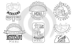 Mexicano Menu Hand Drawn Retro Labels Set, Traditional Fresh and Spicy Food Monochrome Badges Vector Illustration photo