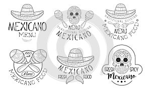 Mexicano Menu Traditional Cuisine Hand Drawn Retro Labels Set, Fresh and Spicy Food Monochrome Badges Vector
