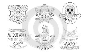 Mexicano Menu Traditional Spicy Cuisine Hand Drawn Retro Labels Set, Fresh Mexicano Food Monochrome Badges Vector photo