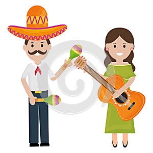 Mexicans couple with mariachi hat and instruments