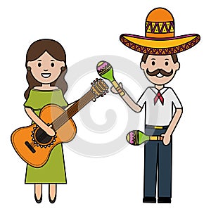 Mexicans couple with mariachi hat and instruments