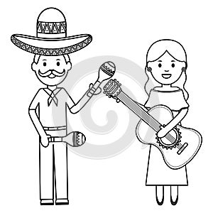 Mexicans couple with mariachi hat and instruments