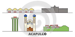 Mexico, Acapulco flat landmarks vector illustration. Mexico, Acapulco line city with famous travel sights, skyline