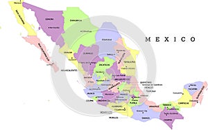 Mexico administrative map with states and capitals. Colored. Vector