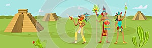 Mexico ancient civilization concept, vector illustration, history aztec tribe culture, man woman people maya in ethnic