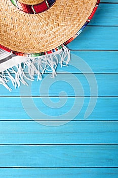 Mexico blue wood background, Mexican sombrero copy space vertical