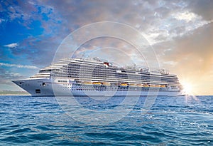 Mexico, Cabo San Lucas, Los Cabos, vacation cruise ship docked close to El Medano beach and scenic landmark tourist