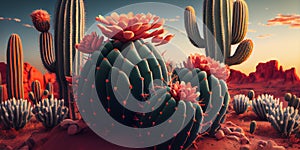 Mexico cactus in a desert landscape background . Ai generative