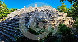 Mexico, Cancun, Mayan pyramid in the San Miguelito panoramic view