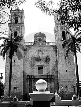 Mexico church cathedral Merida colonial architecture historial yucatan black and white