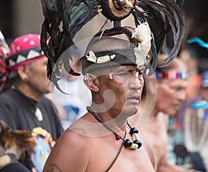 Mexico City, Mexico - April 30, 2017. Aztec dancers dancing in Zocalo square