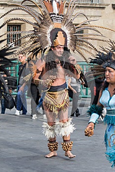 Mexico City, Mexico - April 30, 2017: Aztec dancers dancing in Zocalo square