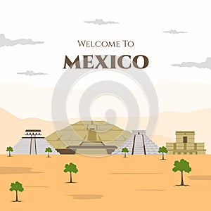 Mexico city colorful template. Welcome to mexico poster. Cityscape with all famous buildings. Around the world. National cultural