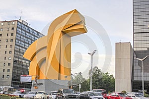 Sculpture in front of the Torre del Caballito in Mexico City. an outdoor steel sculpture by