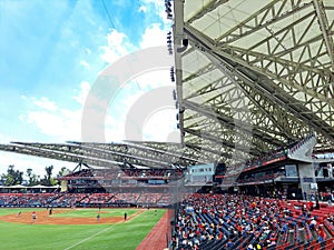 Mexico City, Mexico - Jun 04 2023: Mexican baseball stadium home of the Diablos Rojos team in the country's capital