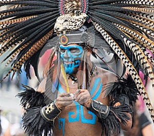 Mexico City, Mexico - April 30, 2017. Aztec dancers dancing in Zocalo square