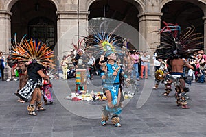 Mexico City, Mexico - April 30, 2017. Aztec dancers dancing in Zocalo square
