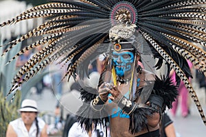 Mexico City, Mexico - April 30, 2017: Aztec dancers dancing in Zocalo square