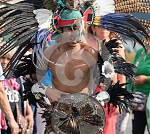 Mexico City, Mexico - April 30, 2017: Aztec dancers dancing in Zocalo square