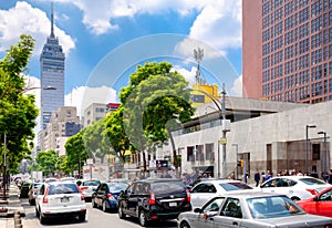 Urban scene in Mexico City with a view of the Latin-American Tower