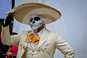 Mexico City, Mexico, ; November 1 2015: Portrait of a Mexican charro mariachi in disguise at the Day of the Dead celebration in Me