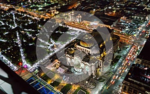 Mexico city top view of bellas artes and alameda central from torre latinoamericana lookout city at night with long exposure to