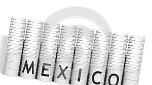 MEXICO country name on steel drums or industrial barrels for transporting oil, 3D rendering