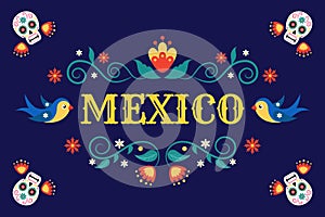 Mexico embroidery pattern. Holiday floral banner, Mexican birthday or fiesta day, traditional lettering card. Skeletons