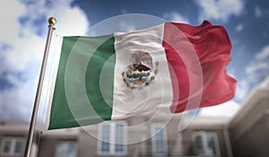 Mexico Flag 3D Rendering on Blue Sky Building Background