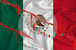 Mexico flag, the fall of the currency against the background of the flag and stock price fluctuations. Crisis concept with falling