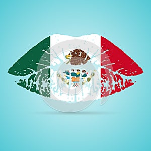 Mexico Flag Lipstick On The Lips Isolated On A White Background. Vector Illustration.