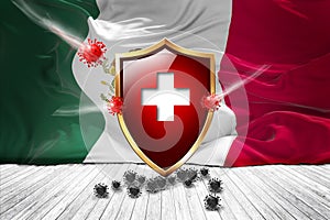 Mexico flag with Metal Shiny red shield. virus protection, hygiene shield. virus Vaccine Protection aganst coronavirus, Health