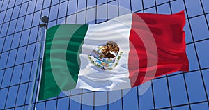 Mexico flag on skyscraper building background. 3d illustration