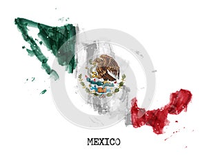 Mexico flag watercolor painting design and country map shape with splatter color . isolated background . Vector