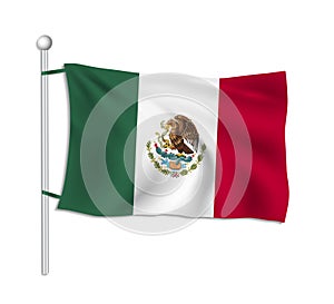 Mexico flag waves on a flagpole, white background