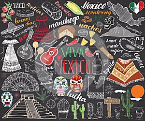 Mexico hand drawn sketch set vector illustration chalkboard