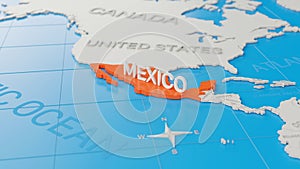Mexico highlighted on a white simplified 3D world map. Digital 3D render
