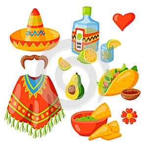 Mexico icons vector illustration traditional graphic travel tequila alcohol fiesta drink ethnicity aztec maraca sombrero