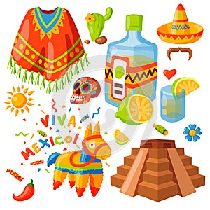 Mexico icons vector illustration traditional graphic travel tequila alcohol fiesta drink ethnicity aztec maraca sombrero