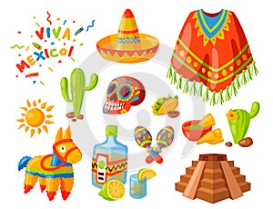 Mexico icons vector illustration traditional graphic travel tequila alcohol fiesta drink ethnicity aztec maraca sombrero