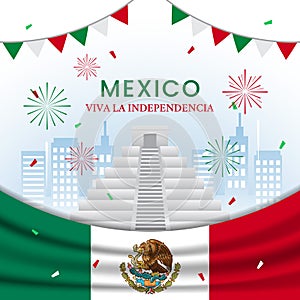 Mexico independence day illustration with aztec pyramid landmark