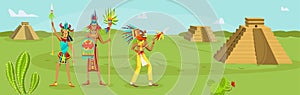 Mexico Indians ancient civilization concept, vector illustration, history aztec tribe culture, man woman people maya in