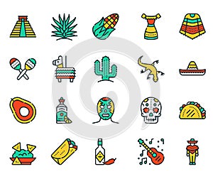 Mexico items color linear icons set photo